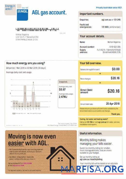 Printable AUSTRALIA AGL utiltiy bill Word and PDF template, version 3